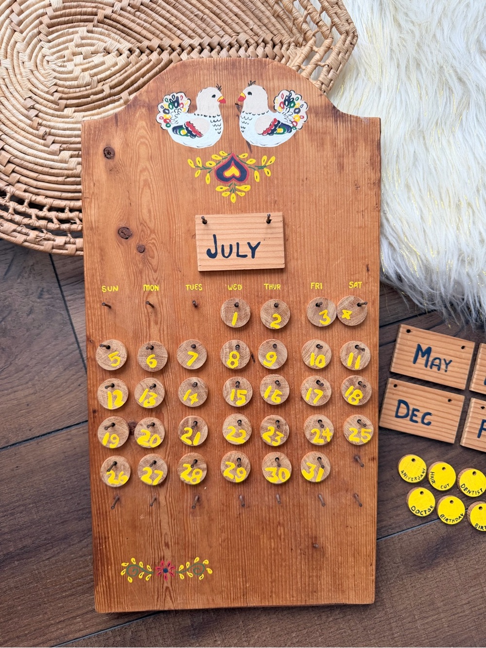 Vintage Wooden Handmade Perpetual Calendar Chickens/Hens 80s 90s Grandma Core